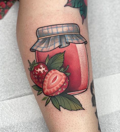 Strawberry Jam Drawing, Jelly Jar Tattoo, Canning Tattoo, Strawberry Jam Tattoo, Gumball Machine Tattoo, Jam Jar Tattoo, Juice Box Tattoo, Sweets Tattoo, Jelly Tattoo