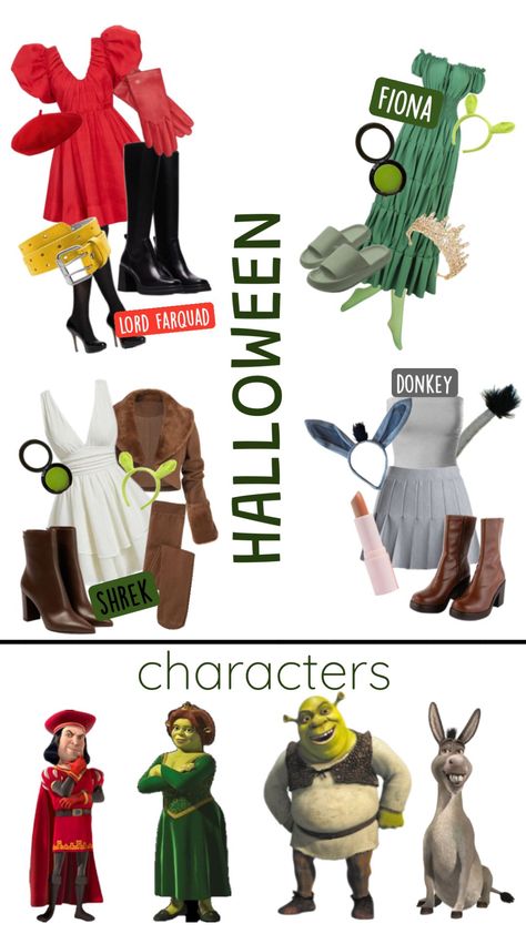 shrek halloween costumes💚 #halloweenseason #slay #groupcomstume Do The Roar Shrek Costume, Female Lord Farquaad Costume, Gingy Shrek Costume Diy Women, Shrek Character Costumes Women, Shrek Trio Costume, Shrek Costumes Women, Funny Pair Costumes, Shrek Costumes Ideas, Shrek And Lord Farquaad