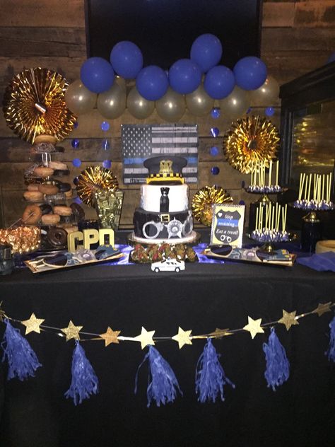 Police promotional party dessert table, sweet table, Chicago police, cake, cake pops, cookies, blue and gold Police Officer Decorations Party Ideas, Chp Graduation Party, Cop Donut Bar, Lieutenant Promotion Party, Chp Graduation Party Ideas, Police Theme Graduation Party, Law Enforcement Party Decorations, Sheriff Themed Party, Police Banquet