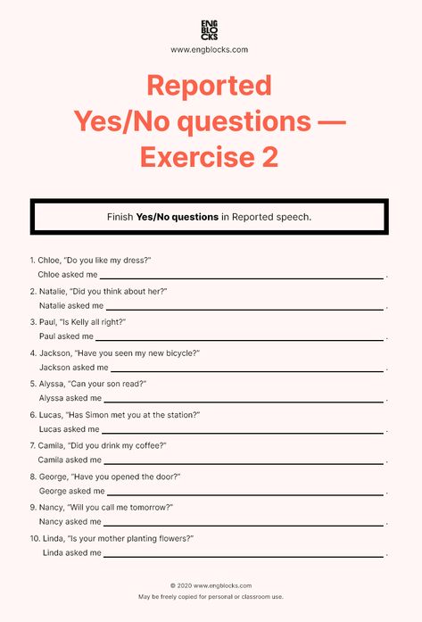 Finish Yes/No questions in Reported speech. Print-friendly. Answer key provided. #english #englishgrammar #esl #eslwebsite #reportedspeech #engblocks Reported Speech Worksheet With Answers, Reported Speech Questions, Yes No Questions Worksheet, Speech Worksheets, Direct And Indirect Speech, Yes No Questions, Indirect Speech, English Grammar Notes, Esl Grammar