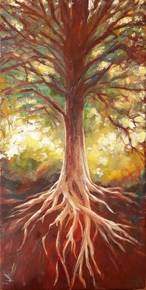 Wall Art Tree Painting, Tree Roots Painting Acrylic, Tree With Roots Painting, Abstract Nature Painting Acrylics, Abstract Tree Art Painting, Tree Root Painting, Tree Roots Painting, Painting A Tree On Canvas, Tree Roots Illustration