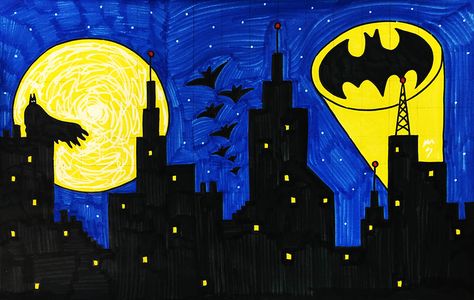 simple silhouette batman city (marker) Nature, Batman City, Batman Painting, Arte Peculiar, Pretty Crafts, Diy Gift Set, City Logo, Simple Silhouette, Cute Cartoon Drawings