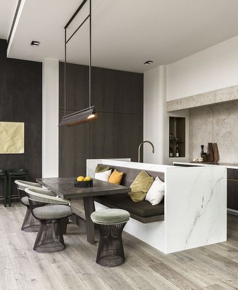 The Essential Checklist for Your First Meeting with a Kitchen Designer. Kitchen Island With Banquette Seating, Kitchen Island Decor, Booth Seating, Modern Kitchen Island, Banquette Seating, 3d Interior, Kitchen Island Design, Kitchen Room Design, Open Concept Kitchen