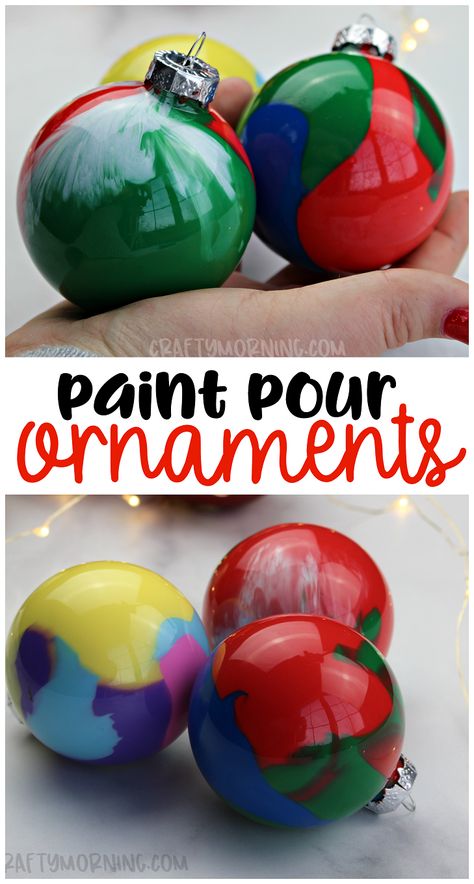 Make fun paint pour christmas ornaments for gifts! Fun christmas craft the kids can make. Christmas art project...make fun decorations! #christmas #christmasornaments #diyornaments #paintpourornaments #christmascrafts #christmasprojects #craftymorning Christmas Gifts For Preschoolers To Make For Parents, Second Grade Ornament Ideas, Painting Inside Ornaments, Christmas Ornaments With Clear Plastic Balls, Paint In Ornaments Diy, Empty Ornament Ideas Kids, Ornaments To Make At School, Process Art Christmas Ornaments, Pour Painting Christmas Ornaments