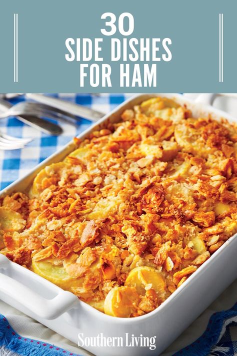 With the right sides, your ham can be a real showstopper—and the side dishes have more to do with that than you think. Is it even possible to have ham without creamy potato salad or melty macaroni and cheese? Personally, we think not. We've rounded up our best side dishes for ham. #hamsidedishes #sidedish #hamsides #recipe #southernliving Roast Ham Sides, What Sides Go Good With Baked Ham, Sides To Eat With Ham, Ham Sides Dishes Easter, What To Cook With Ham, Potatoes To Go With Ham, Things To Serve With Ham, Sides For Baked Ham Dinner, What Goes With Ham Dinner