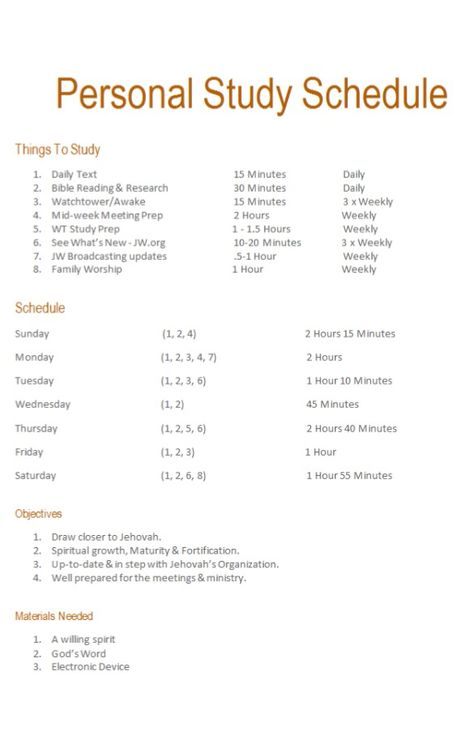 Personal Study routine - Daily schedule can be spread out throughout the day, i.e. Morning, Lunch break, and before bed or all at once. Reading Schedule College, Bible Schedule Reading, Study Schedule Weekly, Jw Bible Reading Schedule, Personal Study Schedule Jw, Jw Schedule, Bible Schedule, Jw Personal Study, Bible Study Schedule