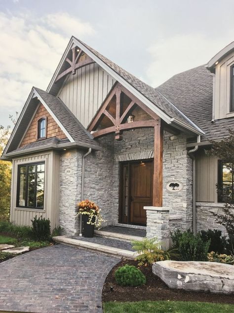 home exterior Two Story Farmhouse Exterior Paint Colors, Modern Craftsman Farmhouse Exterior, Back Porch Patio With Fireplace, Blue House With Cedar Shakes, Craftsman Color Scheme Exterior, Different House Exterior Materials, Exterior Farmhouse Color Schemes, Hardee Board Exterior, White Stone And Wood House Exterior