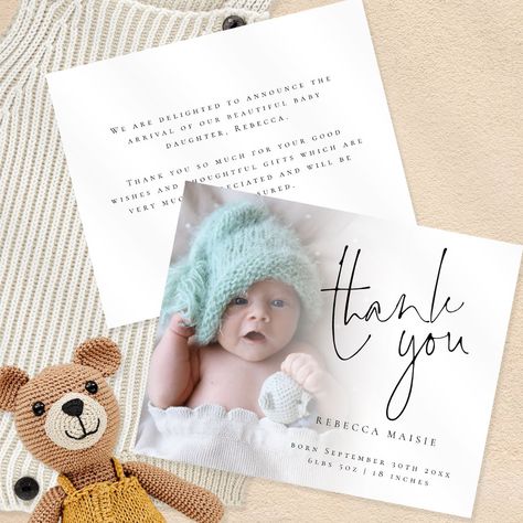 Budget Photo Script Thank You Birth Announcement Birth Announcement Thank You Card, Boy Birth Announcement Card, Birth Announcement Photos, Birth Announcement Girl, Minimalist Photos, Birth Announcement Card, Baby Birth Announcement, Paper Photo, Announcement Cards