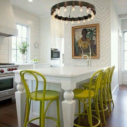 Island love Zebra Wallpaper, Transitional Kitchen, White Rooms, Luxury Kitchens, Green Chair, Custom Cabinetry, Kitchen Designs, Interior Design Trends, White Kitchen