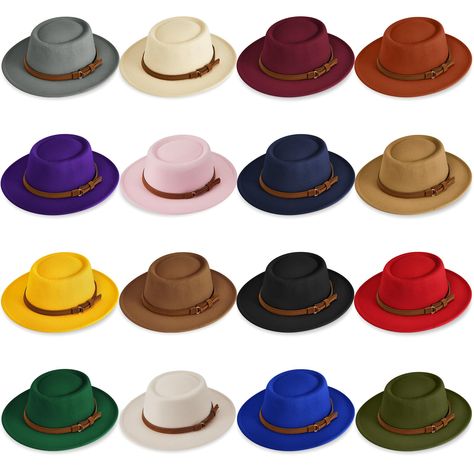 PRICES MAY VARY. Package Contains: you will receive 16 women's felt hats with brown leather straps; These felt hats are available in yellow, black, red, navy blue, green, dark purple, royal blue, cream color, pink, light tan, khaki, dark gray, dark green, brick red, beige, burgundy, a total of 16 colors, available to match with different clothes to create different styles Fedora Hat Size: the head circumference of the hat is about 22-22.8 inches/ 56-58 cm, comfortable fit, suitable for most peop Fedora Hat Outfit Black Women, Felt Hats For Women, Fall Hats For Women, Fedora Hat Outfits, Fedora Hats For Women, Kentucky Derby Outfit, 70s Outfit, Derby Outfits, Beaded Stuff