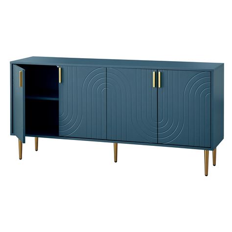 Lifestorey Tabaria Mid-Century Four Door Sideboard/Buffet - Bed Bath & Beyond - 34667955 Blue Sideboards, Door Crafts, Hardware Storage, Mid Century Sideboard, Cabinet Dimensions, Home Entrance Decor, Online Furniture Shopping, Entrance Decor, Wave Design