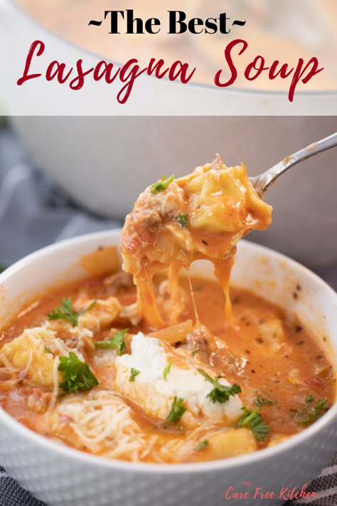 This Lasagna Soup is hands down the best soup ever!! This Lasagna Soup Recipe is an easy 30-minute meal your family will love.  This one pot lasagna soup recipe is so delicious and will be ready in no time. #lasagna #soup #pasta #lasagnasoup #dinnerideas #whatsfordinner #thecarefreekitchen Easy Lasagna Soup Recipe With Ricotta, Lasange Recipe Soup, Soup Recipes Pasta, One Pot Lasagna Soup, Lasagne Soup, Lasagna Soup Crockpot, Easy Lasagna Soup, The Best Lasagna, Salty Marshmallow