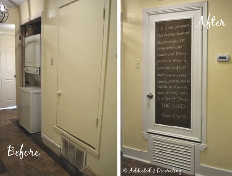 This blogger disguised her ugly HVAC closet door by turning it into a framed custom chalkboard. I like how she covered the vent too. I have two of these things in my upstairs hallway! Hvac Closet, Hide Water Heater, Water Heater Closet, Hollow Core Door, Closet Door Ideas, Cover Electrical Panel, Chalkboard Door, Hiding Ugly, Hollow Core Doors