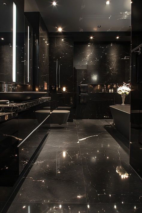 29 Bold Black Bathroom Decor Ideas for a Dramatic Flair 1 Futuristic Bathroom Design, Luxury Black Bathroom, Black Bathroom Decor Ideas, Black House Interior, Black Bathroom Decor, Dark Bathrooms, Dark Modern, Black Elegance, Art Deco Bathroom