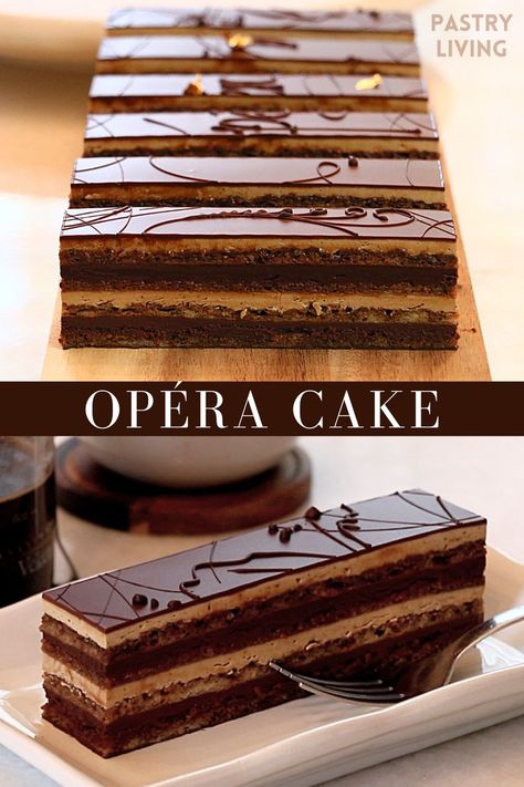 slices of opera cake on a plate and wood board Creative Bundt Cake Ideas, Opera Cake Recipe Easy, Chocolate Cake Variations, French Chocolate Cake, Chocolate Cake Fillings, French Opera Cake, Decorating With Chocolate, Opera Cake Recipe, Fancy Chocolate Cake