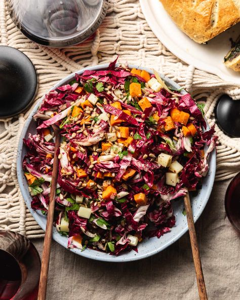 Raw and Roasted Radicchio Salad with Sweet Potato, Manchego, and Crunchy Seeds | Kitchn Essen, Collard Greens Salad, Cauliflower Couscous, Thanksgiving Salad, Baked Goat Cheese, Make Ahead Salads, Radicchio Salad, Spiced Chickpeas, Fennel Salad