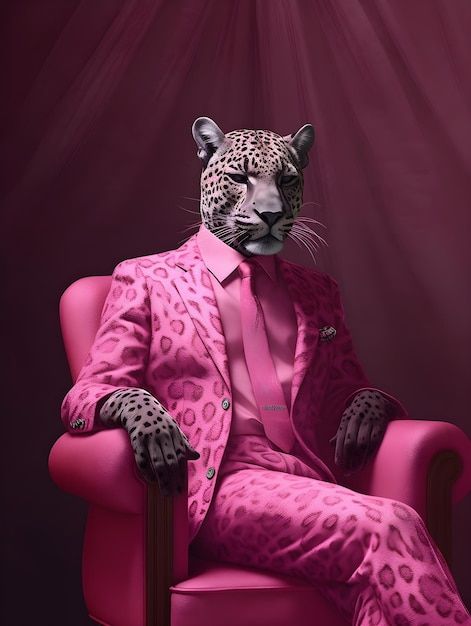 A leopard in a pink suit | Premium Photo #Freepik #photo #suit #leopard #panthera #pink-background Animals In Suits, Photo Suit, Fancy Glasses, Animal Portraits Art, Pink Animals, Pink Suit, Pink Panthers, Fashion Portrait, Pink Leopard