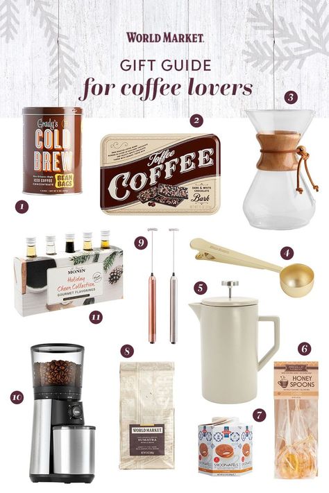 Gift Guide for Coffee Lovers!😁 This guide features items that would be perfect for someone who loves coffee. This includes: coffee recipes, coffee flavors, coffee tools, coffee makers, Coffee bean grinders, cold brew, coffee snacks, and coffee scrubs World Market Gifts, Coffee Related Gifts, Coffee Basket Gift Ideas, Coffee Stocking Stuffers, Iced Coffee Concentrate, Coffee Gift Set, Xmas Gift Guide, Affordable Gift Ideas, Coffee Tools