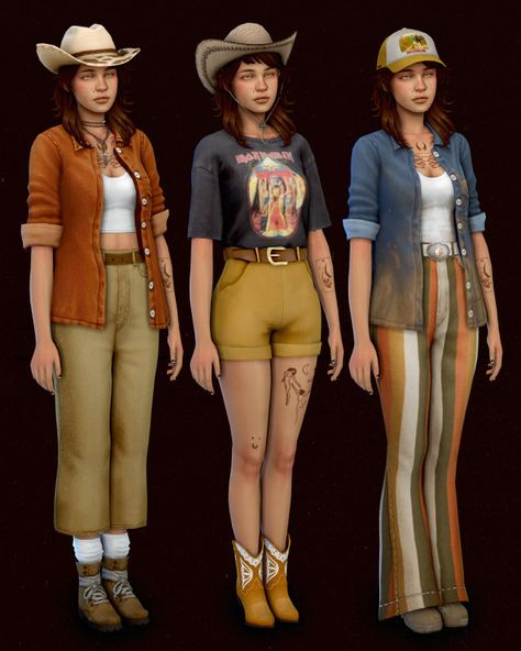 Y2k Mens Sims 4 Cc, Sims Fits, Vanilla Outfits, Shorts And Fishnets, Ranch Outfits, Ts4 Lookbook, Cc Lookbook, Farmer Outfit, Shorts Boots