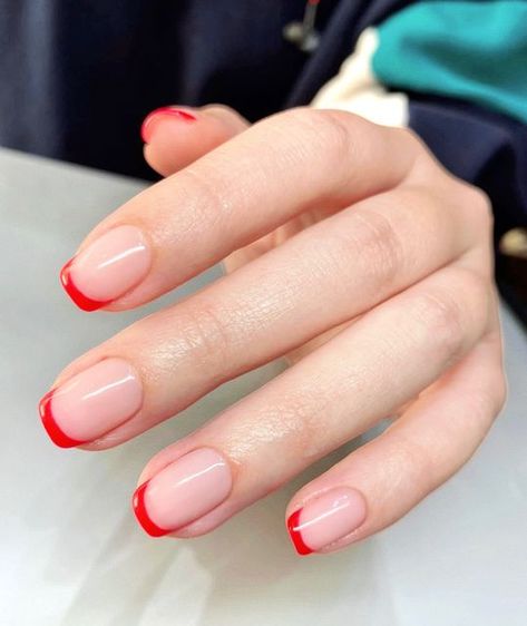 French Manicure Red Tips Square, Natural Red French Tip Nails, Holiday French Tip Nails Square, Red Tips French Manicure, Red And White French Tip Nails Short, Red French Tip Nails Natural, Red Micro French Tip Nails, Gel Nails Red Tips, Red Cuticle Nails