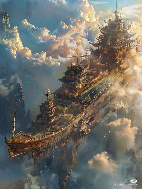 Flying Castle Fantasy Concept Art, Fantasy Floating City Concept Art, Flying City Concept Art, Fantasy Location Art, High Fantasy Concept Art, Magicpunk City, Fantasy Blimp, Fantasy Ship Concept Art, Fantasy Airport