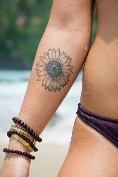 Back Of Neck Sunflower Tattoo, Tattoo Sunflower Arm, Sun Son Tattoo, Sunflower Tattoo Inner Arm, Sunflower Tattoo Bicep, Elbow Sunflower Tattoo, Fine Line Sunflower Tattoo Forearm, Sunflower Tattoo Back Of Arm, Western Sunflower Tattoo