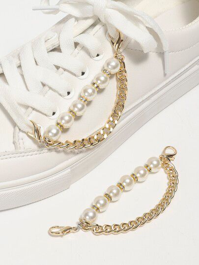 2pcs Faux Pearl & Chain Decor Shoe Decoration, Aluminum Alloy Fashionable Accessories For SneakersI discovered amazing products on SHEIN.com, come check them out! Shoe Accessories Diy, Ankle Bracelets Boho, Casual Shoes Women Sneakers, Shoes Fashion Photography, Beaded Shoes, Shoe Decoration, Fashionable Accessories, Chain Decor, Fashion Shoes Sandals