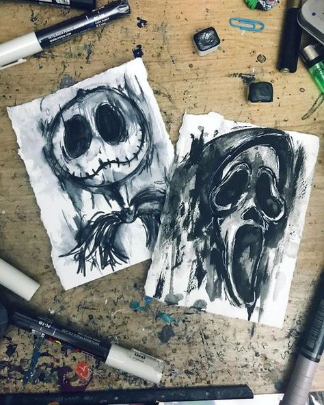 Horror Watercolor Art, Ghostface Watercolor, Horror Watercolor Paintings, Ghostface Sketch, Spooky Watercolor, Nightmare Before Christmas Tattoo, Creepy Things, Watercolor Paintings Easy, Horse Drawings