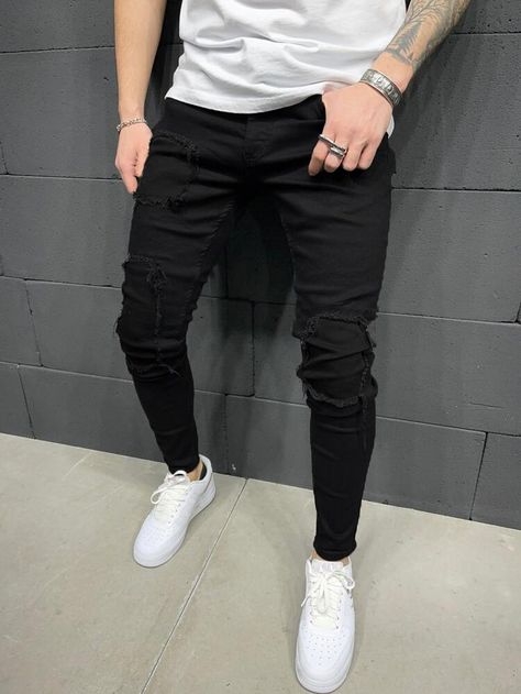 Black Jeans Outfit Mens, Black Denim Jeans Outfit, Ripped Jeans With Patches, Denim Jeans Outfit, Apple Bottom Jeans, Blazer And T Shirt, Swag Outfits Men, Black Jeans Outfit, Black Denim Jeans