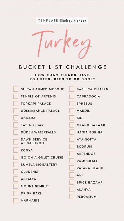 Turkey Bucket List Challenge Turkey Bucket List, Travel Infographic, List Challenges, Holiday Travel Destinations, Istanbul Travel, Voyage Europe, Travel Checklist, Turkey Travel, Dream Travel Destinations