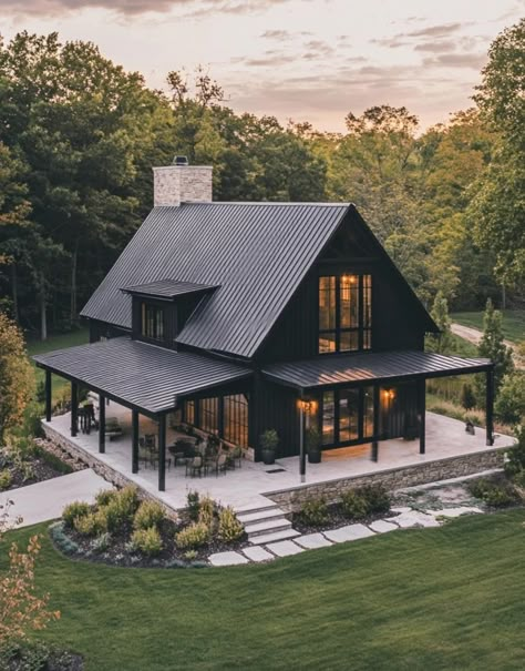 Black Exterior House, Metal Building House Plans, Black Barndominium, Tree House Plans, Black Houses, Wraparound Porch, Contemporary Barn, Barn Living, Barn Style House Plans