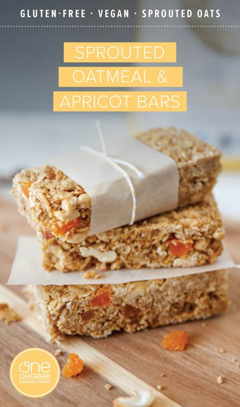 These Gluten-free Sprouted Oatmeal & Apricot Bars are a deliciously healthy grab-and-go breakfast. Made with One Degree Organics Sprouted Rolled Oats and Sprouted Brown Rice Crisps, and perfect for snacking on the go, this easy vegan gluten-free oatmeal snack bar recipe is packed with flavor from apricots, coconut, cashews, and more! Make these healthy crunchy oatmeal cereal bars for your kids or take these gluten-free snack bars hiking. Pin this anytime, anywhere healthy snack recipe for later! Sprouted Oatmeal Recipes, Sprouted Oats Recipes, Sprouted Rolled Oats, Apricot Bars Recipe, Granola Bark, Sprouted Oats, Oat Breakfast Cookies, Whole Grain Breakfast, Granola Crust