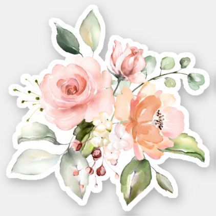 Sunny Floral Watercolor Flower Arrangement Sticker Pink, Floral, Flowers, Water, Floral Stickers, Water Bottles