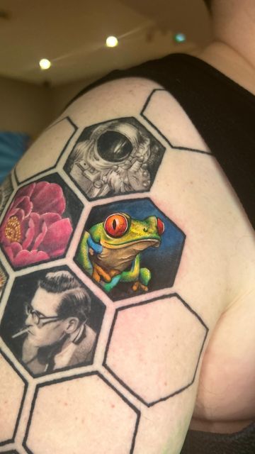 Michelle Binette • Ottawa Tattoo Artist on Instagram: "Added more to the hexagon tattoo collection, and here are how the others have healed! Such a cool way to collect tattoos by your favourite artists. Would you do this? @dlovell007 @anarchy_tattoo_supplies @fkirons @industryinks @emalla.official #tattoocollection #tattoocollector #hexagontattoo #hexagontattoocollectorsleeve #treefrogtattoo #ottawatattooartist" Mosaic Tattoo Sleeve, Honeycomb Tattoo Leg Sleeve, Hexagon Arm Tattoo, Hex Tattoo Design, Hexagon Leg Tattoo, Pentagon Tattoo Design, Honey Comb Leg Tattoo, Hexagon Tattoo Pattern, Collage Sleeve Tattoo