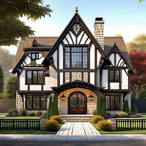 Wrought iron fixtures. Get inspired by Tudor style homes with their charming timber frames, steep roofs, and cozy, fairy-tale vibes! Tudor Style Interior Doors, Tudor Home Floor Plans, Tudor Exterior Makeover, Tudor Home Interior, Tudor Style Homes Interior, Tudor Exterior Paint, Tudor Remodel, Prefab Log Cabins, Tudor Style House