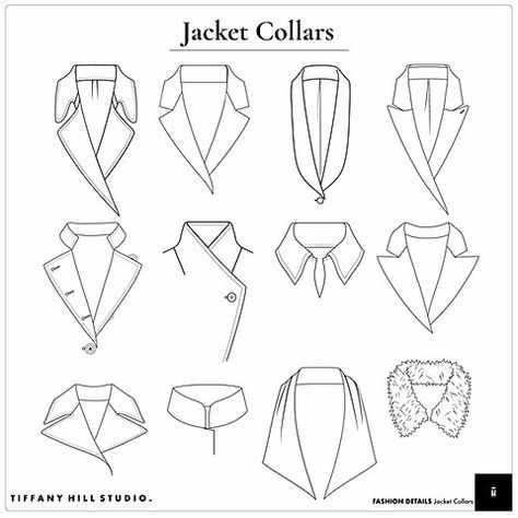 Fashion Vector Details Templates - Womens Jacket Collars | TIFFANY HILL STUDIO Fashion Designing Templates, How To Draw Jacket Collars, How To Draw Jackets Design Reference, Jacket Art Drawing, Collar Sketch Fashion Illustrations, Women Collar Designs, Collars Sketch, Sewing Details Inspiration, Fashion Flats Template