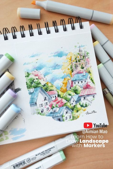 Drawing Ideas Videos, Drawing Ideas Nature, Markers Drawing Tutorial, Marker Drawing Ideas, Markers Drawing Architecture, Landscape Markers, Marker Tutorial, Copic Marker Drawings, Art Markers Drawing