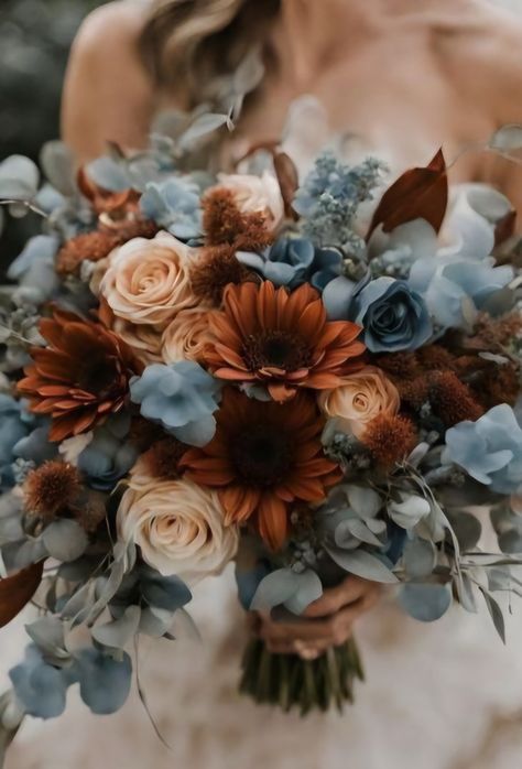 Orange Wedding Color Palette, Desert Wedding Dress, Blue Fall Wedding, Unique Wedding Colors, Orange Wedding Colors, Rusting Wedding, Flower Boquet, Fall Wedding Color Palette, Wedding Color Ideas