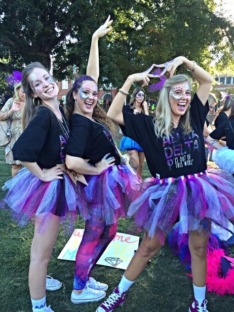 Clemson ADPi - Bid Day 2015 - ADPi is Out of This World! Space Pep Rally, Purple Spirit Day Outfits, Out Of This World Theme Outfit, Pep Rally Games, Bid Day Gifts, Rally Idea, School Spirit Days, Homecoming Spirit Week, Homecoming Week