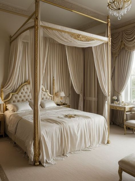 Royal Princess Bedroom, Princess Bedroom Aesthetic, Princess Bed Frame, Princess Theme Bedroom, Gold Bed Frame, Canopy Bed Drapes, Princess Bedrooms, Princess Room Decor, Bed Drapes