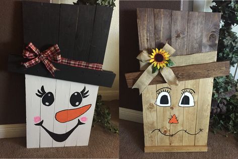 REVERSIBLE SCARECROW & SNOWMAN (Craft idea) – The Idea Door Wooden Scarecrow, Pallet Wood Christmas, Wooden Pallet Crafts, Wooden Crafts Diy, Board Pictures, Fall Scarecrows, Painted Items, Craft Things, Pallet Decor