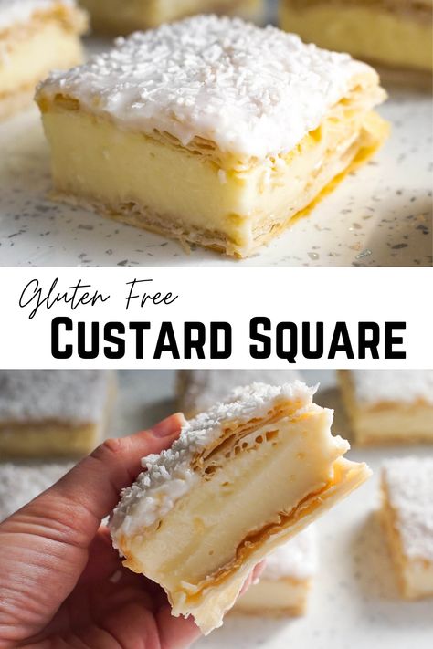 Gluten Free Custard, Custard Squares, Gluten Free Puff Pastry, Gluten Free Cake Recipe, Gluten Free Pastry, Easy Gluten Free Desserts, Custard Recipes, Gluten Free Bakery, Gluten Free Sweet