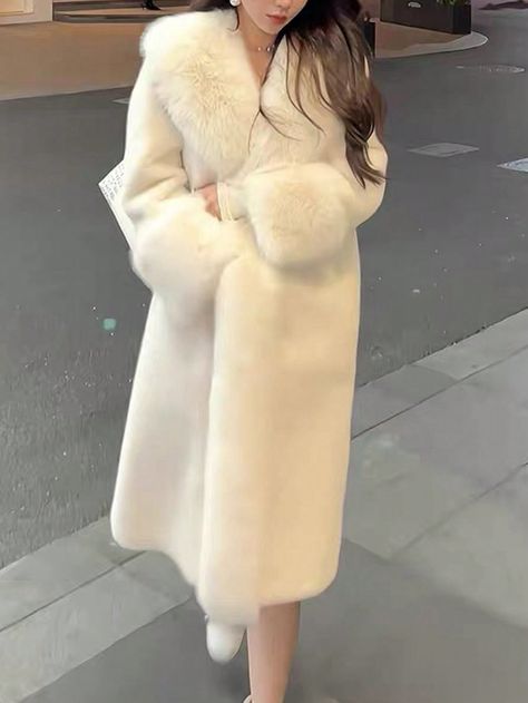 Solid Color Fur Collared Warm Plush CoatI discovered amazing products on SHEIN.com, come check them out! Long White Coat, White Faux Fur Coat, Long Fur Coat, White Fur Coat, Fuzzy Coat, Plush Coat, Faux Fur Coats, Fluffy Coat, Long Sleeve Coat