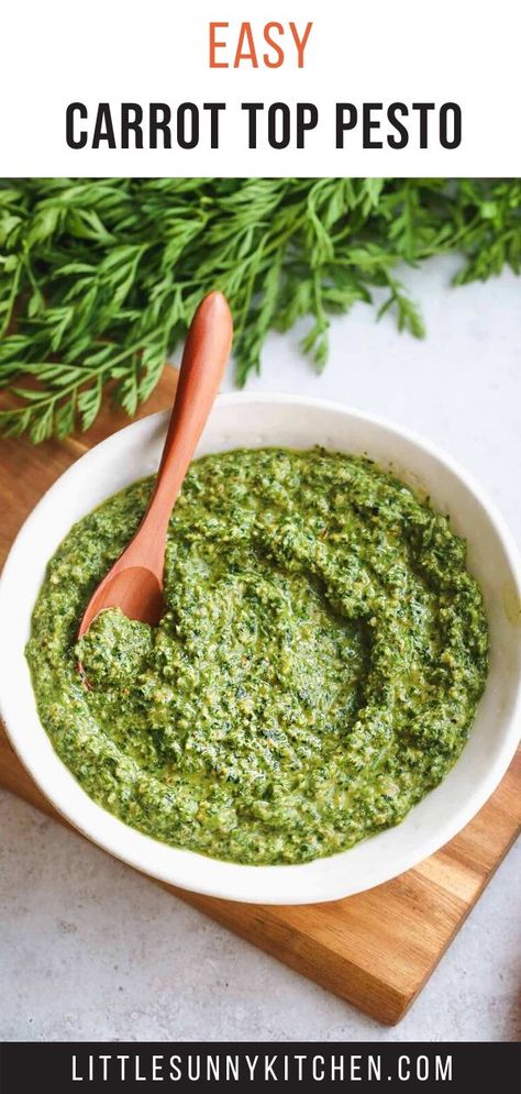 Carrot Top Pesto, Healthy Dip Recipes, Little Sunny Kitchen, Sunny Kitchen, Green Pesto, Carrot Greens, Vegan Pesto, Creamy Pesto, Carrot Top