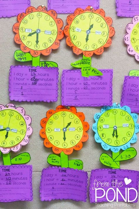 Combine a lesson on time {analog clock} with craft and creativity! This activity will provide you with template pieces to make a cute 'flower clock' to help students explore and understand the hour and minute hands. | #FromThePond #LearnToTellTime #TeachingTime #TeacherTips #WhatTimeIsIt #AnalogClock Analog Clock Activities, Telling Time Craft, Maths Craft Activities, Clock Crafts, Math Wall, Make A Clock, Learn To Tell Time, Clock Craft, Time Poster