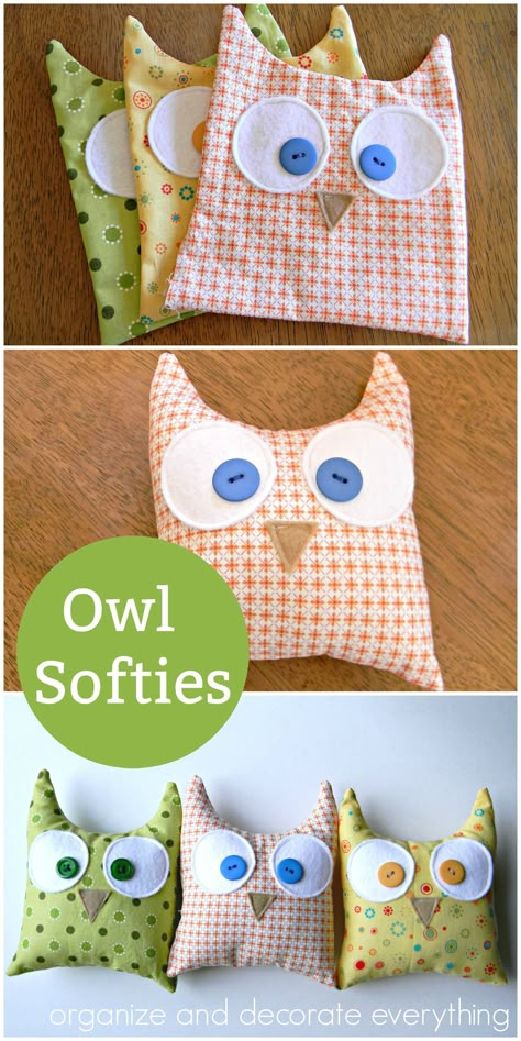 make owl softies using a simple shape and a variety of fabrics you probably already have Free Stuffed Animal Patterns Sewing Easy, Easy Scrap Fabric Stuffed Animals, Owl Pillows To Sew, Easy Hand Sewn Stuffed Animals, Simple Stuffed Animal Pattern Free, Fabric Owls To Make, Easy Fall Sewing Projects, Easy Sewing For Kids, Easy Fabric Crafts