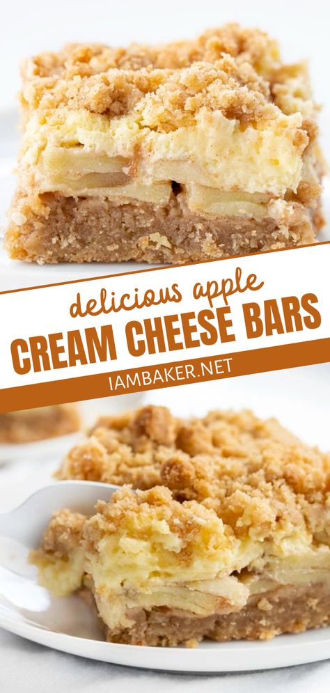 Apple Cream Cheese Bars, Cheese Bars Recipe, Apple Bar Recipes, Cream Cheese Bars Recipe, Thanksgiving Desserts Apple, Apple Crisp Cheesecake, Dessert Nachos, Oatmeal Crumble, Apple Cream Cheese