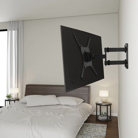 A TV wall mount to fill some vertical space in your living room. This mount also swivels so you can watch your guilty pleasure trashy TV from any angle of your home! Bring it on, Love Island! Tv Hanging On Wall Ideas, Mounted Tv Ideas Bedroom, Mounted Tv In Bedroom, Tv Bedroom Ideas, Tv In Bedroom Ideas, Bedroom Tv Wall Ideas, Bedroom Tv Wall, Bedroom Tv, Tv Wall Mount