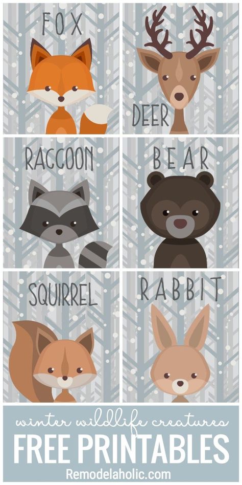 This free set of printable winter woodland creature art is versatile and adorable. Use it as a gift tag, nursery decor, banner, and more. Baby Shower Woodland Theme, Winter Woodland, Forest Creatures, Quilt Baby, Woodland Theme, 자수 디자인, Woodland Baby, Baby Shower Woodland, Woodland Nursery