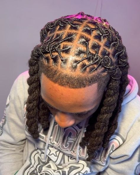 Styles For Dreads Men Long Hair, Mens Lock Styles, Types Of Locs Men, Locs In Braids Men, Loc Parting Patterns Men, Braided Locks Hairstyles, Loc Styles On Men, Lox Hairstyles Men, Medium Length Locs Styles